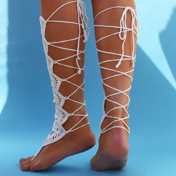 White Handmade Crochet Barefoot Gladiator Sandals - Picture 2 of 5